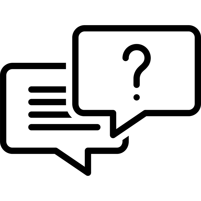 Icon of two dialogue bubbles, one with a question mark and one with horizontal lines to indicate text